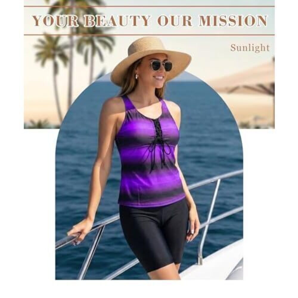 Womens 2026 Plus Size Tankini Swimsuits Rash Guard Capris Athletic Two Piece - Picture 3 of 5